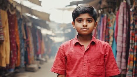 confident young indian boy standing amid vibrant textile market, showcasing traditional local culture and childhood essence in bustling urban environment