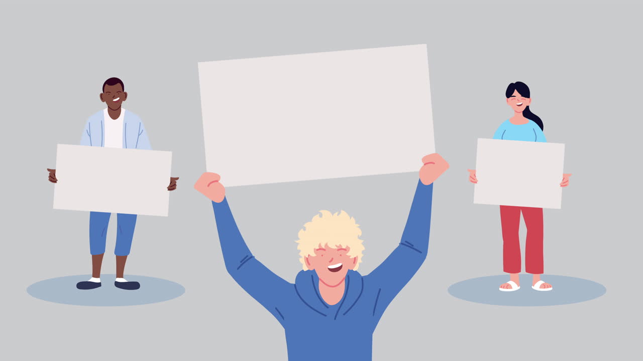 빈 시위 표지판을 들고 있는 다양한 그룹