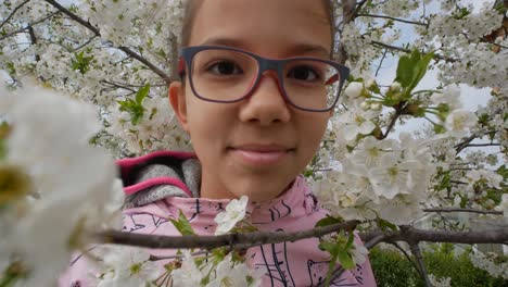 un retrato de niña sobre el fondo de un cerezo en flor
