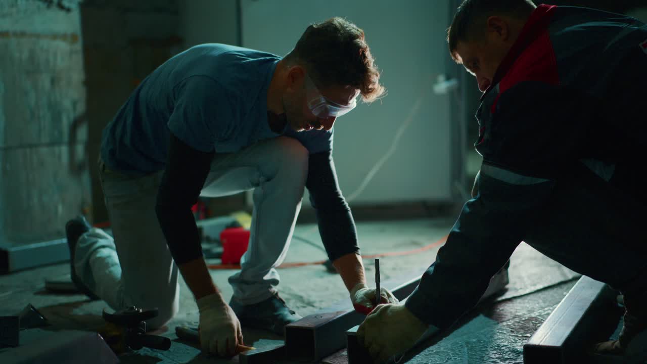 Two Men Marking and Hammering Metal Beams in a Workshop