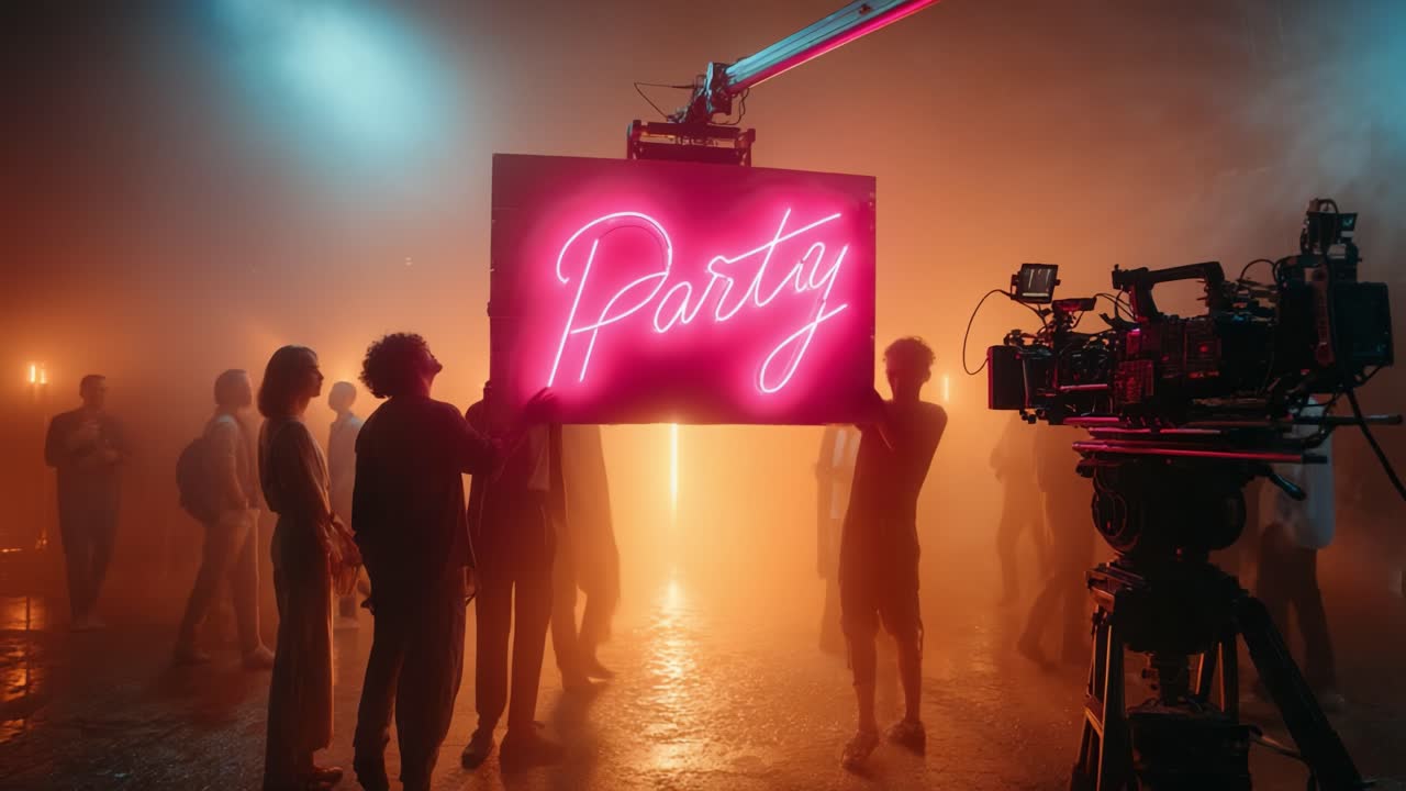 Vibrant Neon Party Scene Captured in a Dynamic Video Frame with Enthusiastic Crowd and Professional Filming Equipment Highlighting a Lively Atmosphere