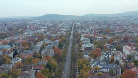 Vista-Aérea-Del-Bulevar-Recto-De-La-Avenida-Andrássy-Ut-En-La-Ciudad-De-Budapest,-Disparo-De-Drones