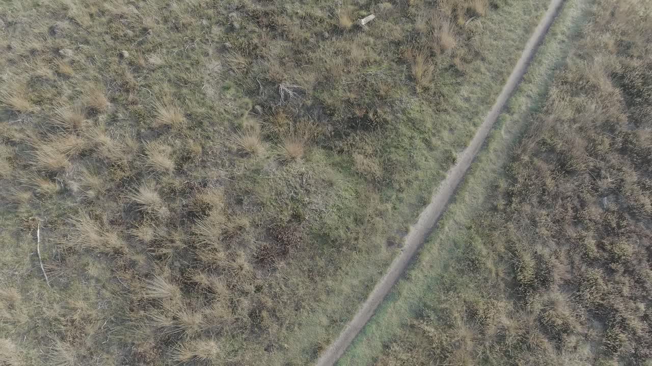 Ripresa da drone dall'alto, mountainbiker che pedala sotto.