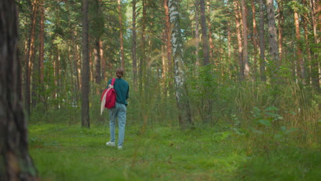 lady walks slowly through serene sunlit forest, red backpack slung over her shoulder, wearing green shirt, she appears tired, glancing over shoulder, as sunlight filters through trees and tall grass