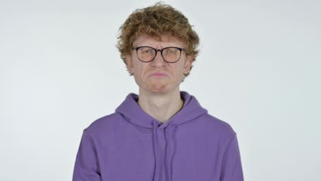 no by head shake redhead young man, white background