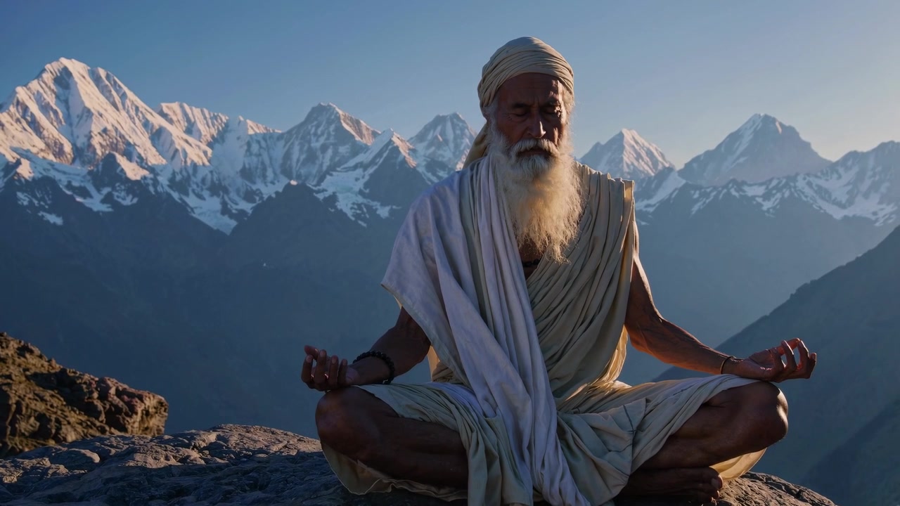 Sadhu India Tua Bermeditasi di Puncak Gunung saat Matahari Terbit
