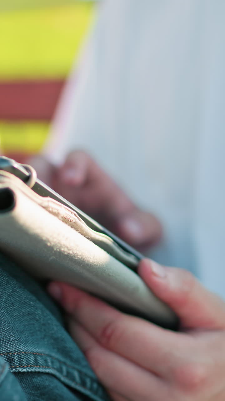 tipos masculinos expertos en tecnología en su tableta, pierna cruzada en la rodilla, sentados al aire libre con una vista borrosa de alguien con una camiseta rosa cerca, vegetación en el fondo