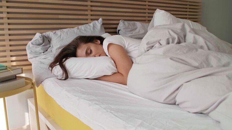 Mujer joven, sueño, en, ella, cama