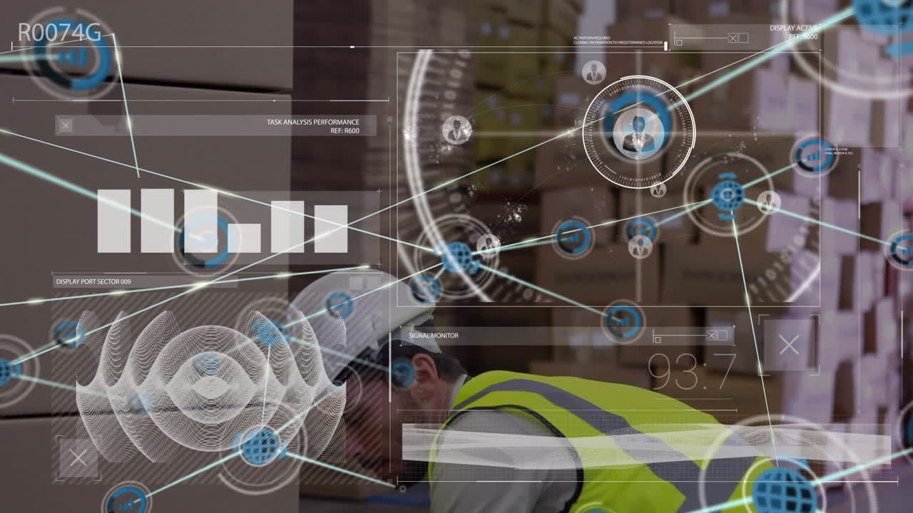 animación de la red de conexiones con iconos sobre el hombre que trabaja en el almacén