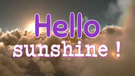 animation of hello sunshine text over cloudy sky background