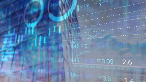 animación del procesamiento de datos financieros sobre el paisaje urbano