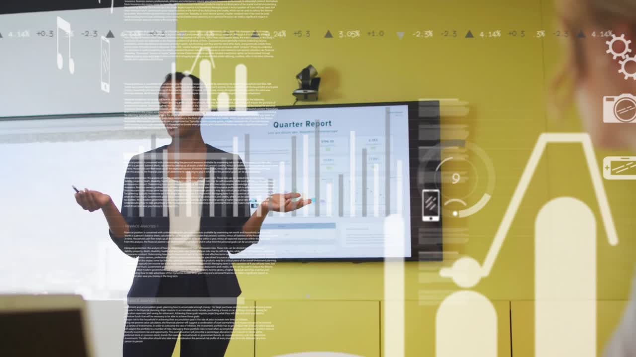 Animation of mobile application icons over african american businesswoman giving presentation