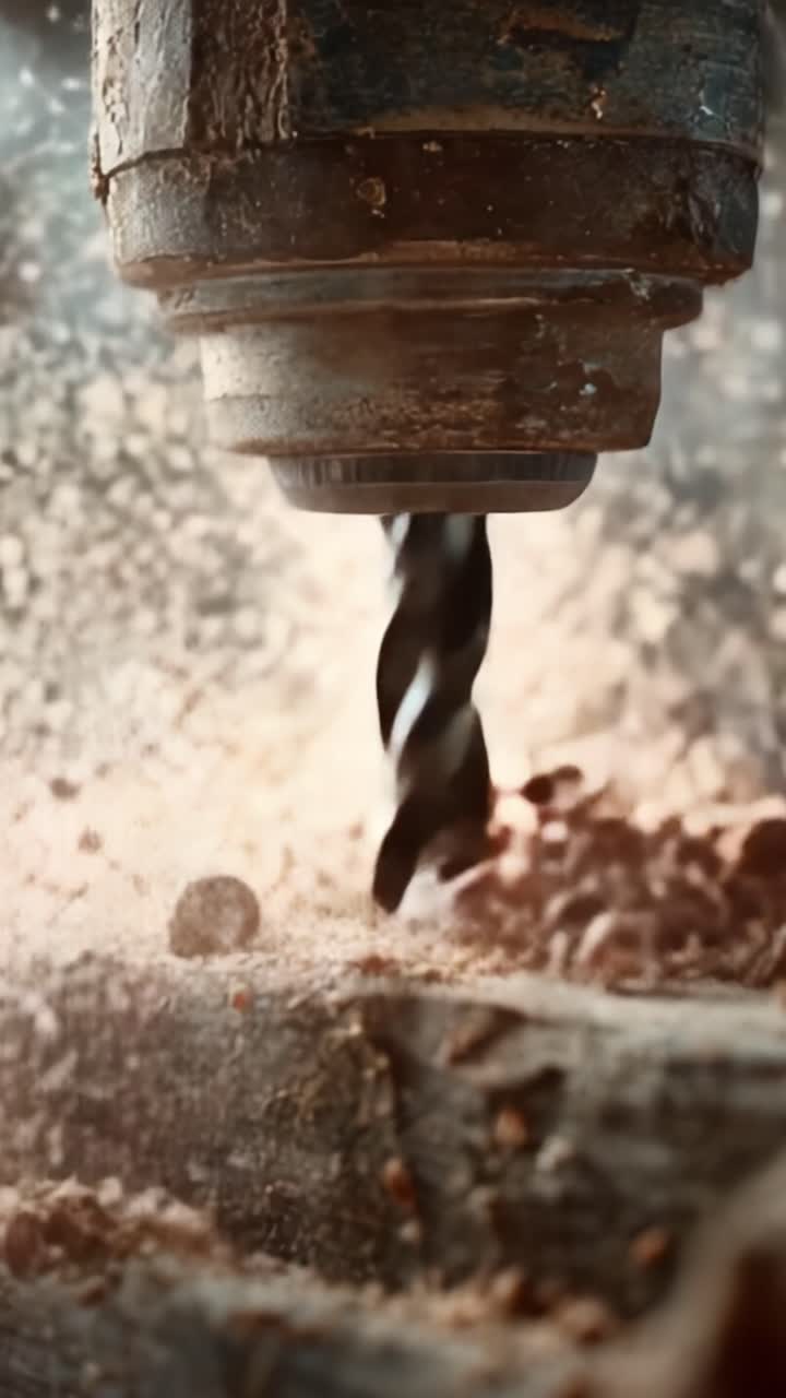 Action-Packed Close-Up of a Powerful Drill Bit in Motion, Creating Dust and Shavings from Wood, Depicting Precision and Craftsmanship in Woodworking Projects