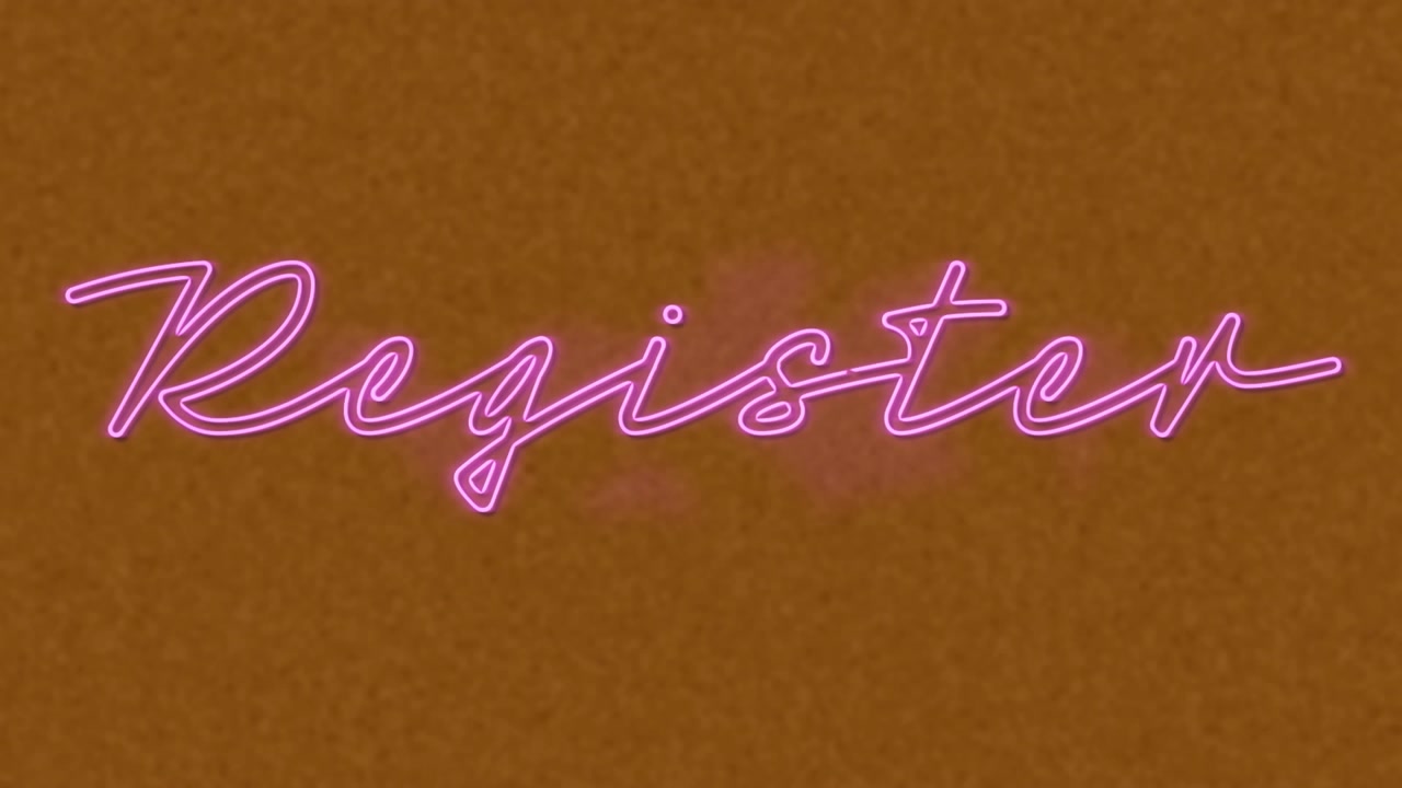 Animazione di un banner di testo 'register' rosa neon su uno sfondo marrone testurizzato.