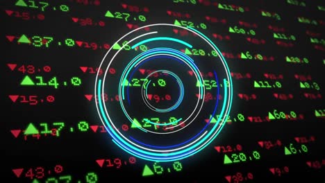 Animation-of-neon-round-scanner-over-stock-market-data-processing-against-black-background