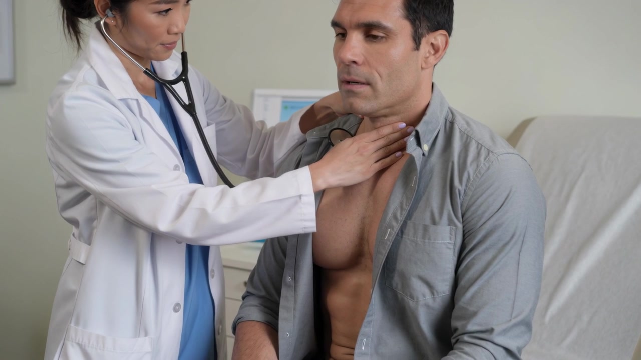 Listening Dr placing stethoscope on seated man with open shirt during exam in clinic checking heart