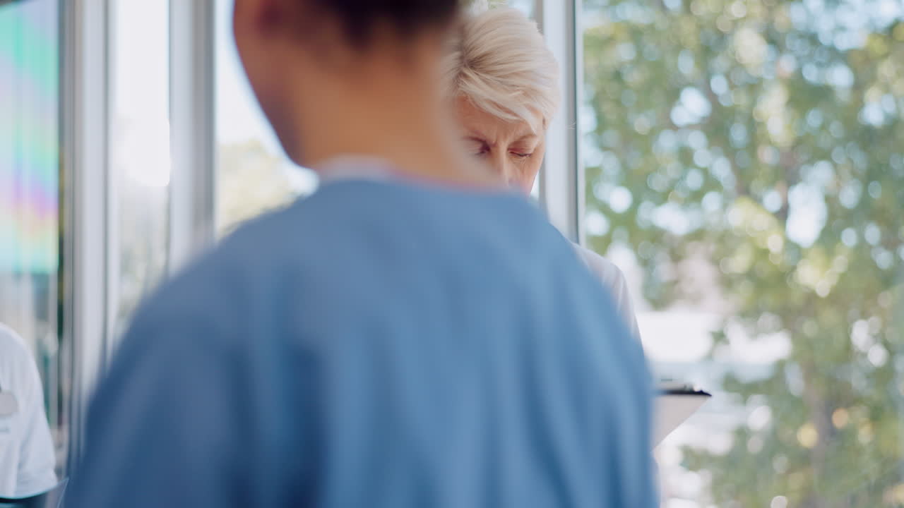 Tablet, thinking or doctor working on research