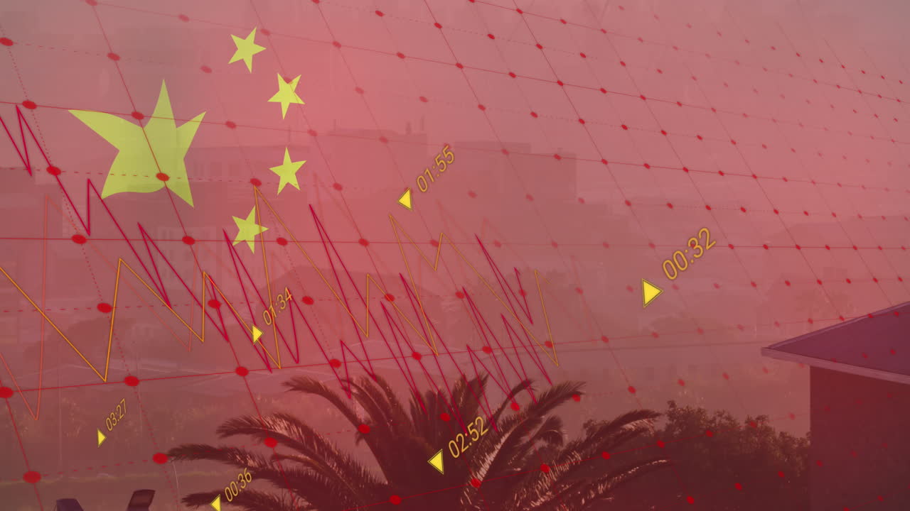 animación de la bandera de china y procesamiento de datos sobre el paisaje urbano