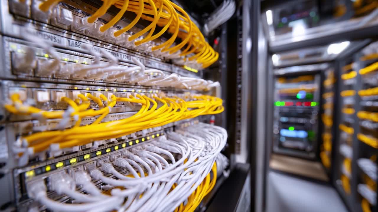 Advanced Network Infrastructure Featuring Yellow and White Cables in a High-Tech Server Room with Rack Equipment for Efficient Data Handling and Connectivity
