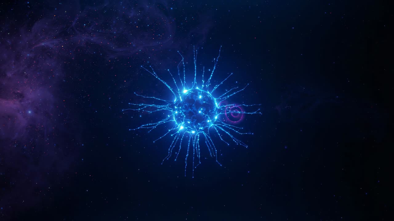 Opening on starfield, glowing blue spherical node structure pulsing filament-like tendrils in space