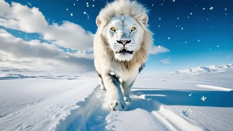 a white lion walking across a snow covered field