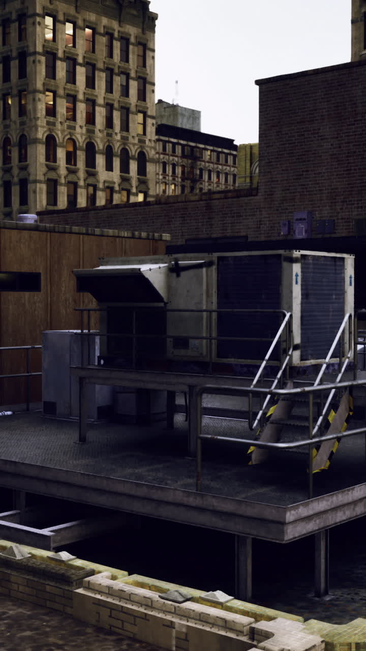 Rooftop view of an urban landscape with industrial equipment at dusk