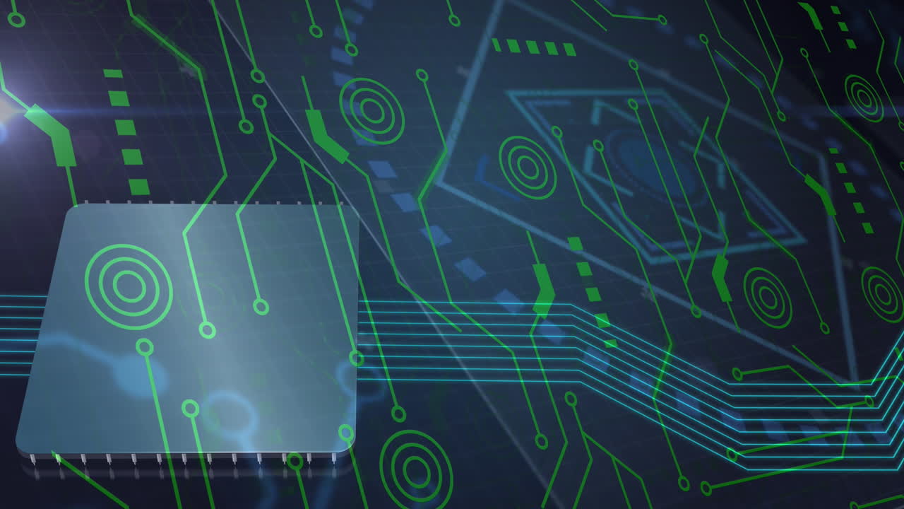 animación de una placa de circuitos informáticos con procesamiento de datos
