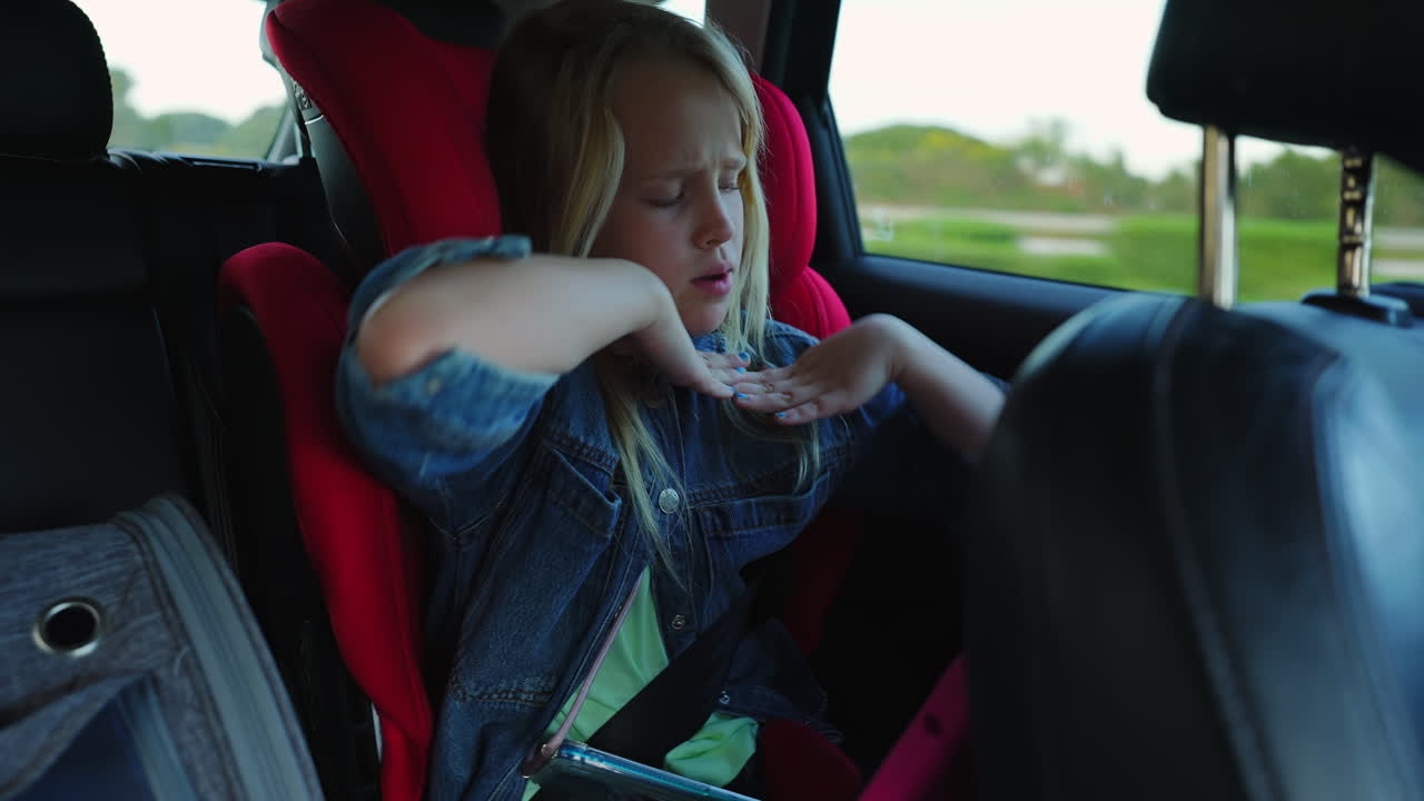 Niña inquieta en silla de coche durante un viaje por carretera.