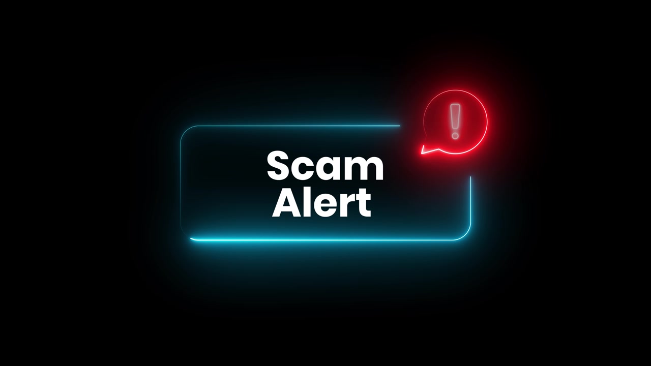 Scam alert warning notification neon animation isolated on black background