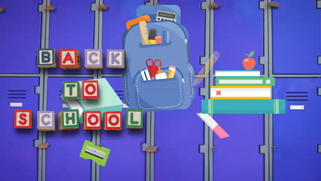 animación de texto de regreso a la escuela y iconos de artículos escolares sobre los armarios de la escuela
