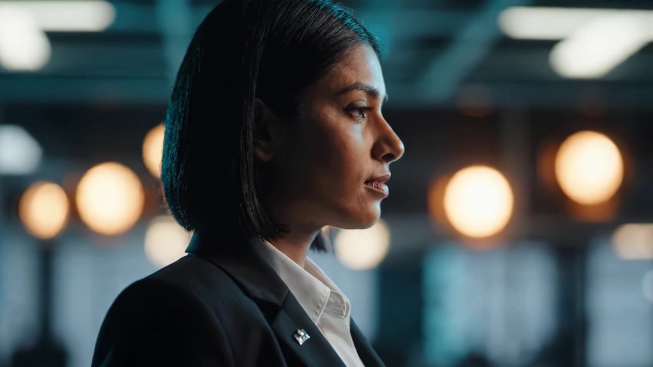 A Professional Woman in Profile Captured in an Office with Dramatic Lighting, Reflecting Thoughtfulness and Determination in a Modern Workspace Environment