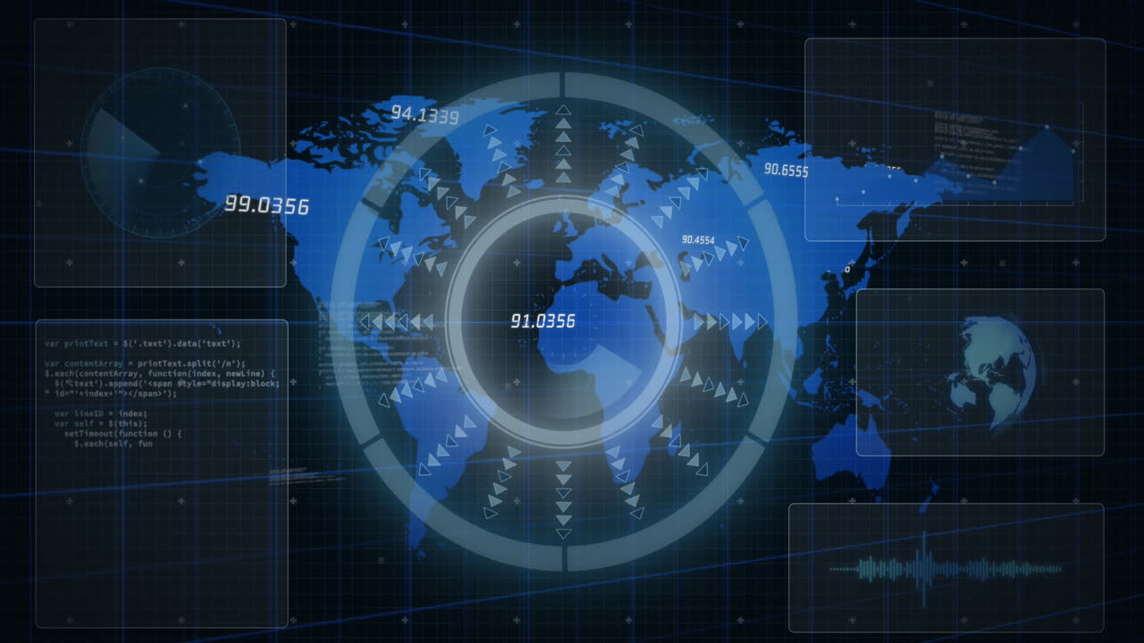 둥근 스캐너와 세계 지도 위의 데이터 처리 인터페이스의 애니메이션 검은 바탕