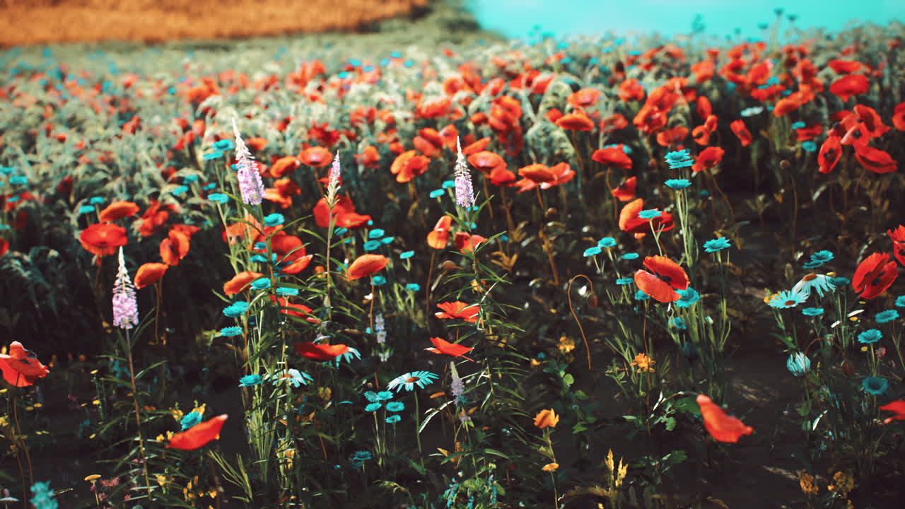 밝은 하늘 아래 은 포피와 꽃이 피는 활기찬