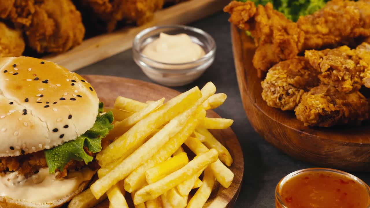 Fried Chicken, Burger, and Fries