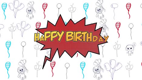 animación de texto de feliz cumpleaños sobre globos e iconos sobre fondo blanco.
