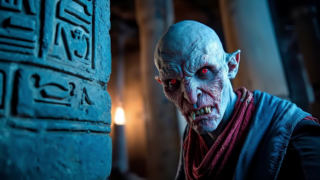 A man in a costume with red eyes and fangs standing in front of a pillar