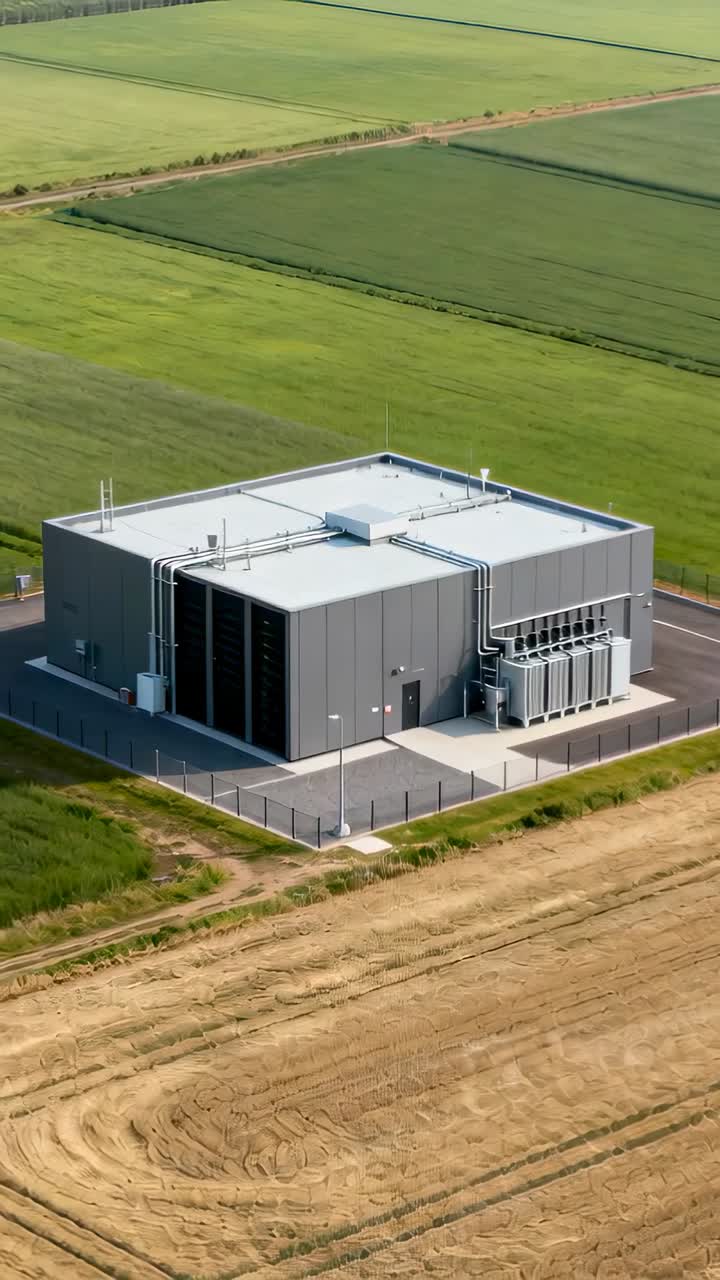 Vertikal video: Drone nærmer sig transformatorstation og afslører tag-HVAC og transformatorer på landbrugsmarker.