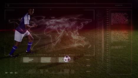animación del procesamiento de datos con el mapa del mundo sobre el jugador de fútbol