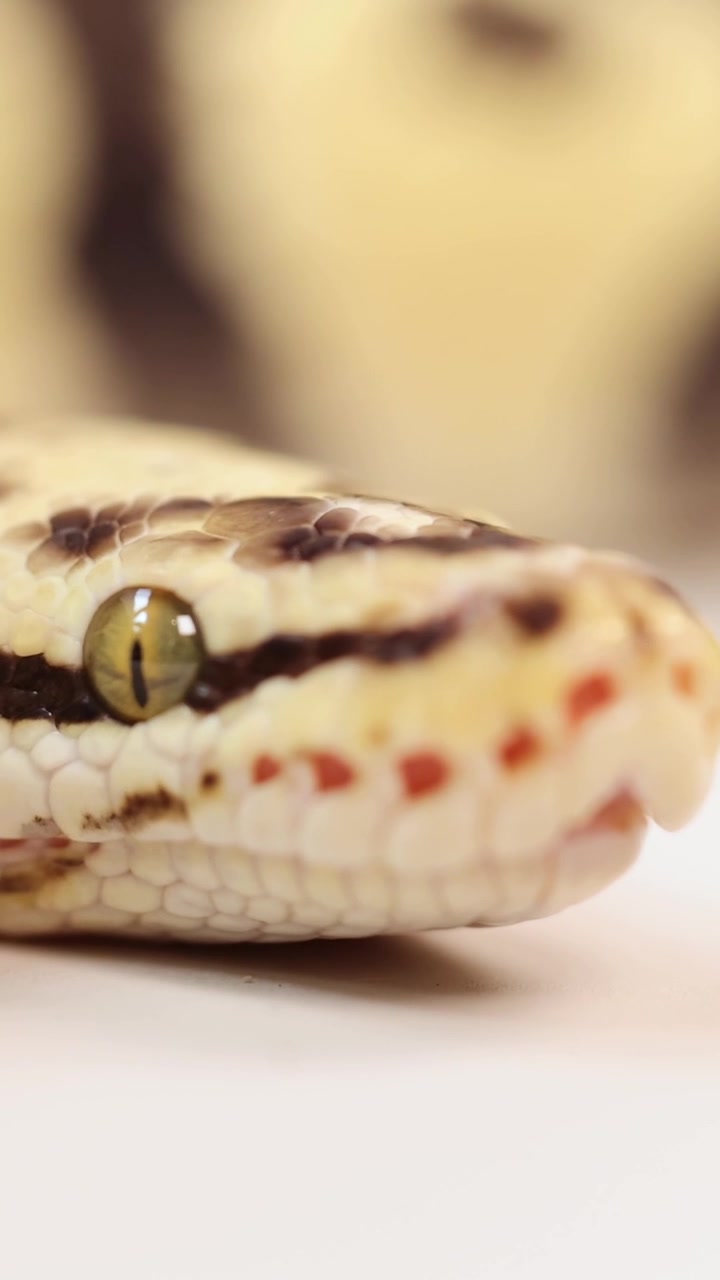Una macro inquadratura verticale dettagliata che si concentra sull'occhio e sulle squame di un serpente del grano.