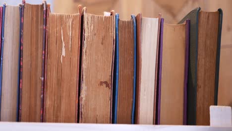 a row of vintage books on a shelf