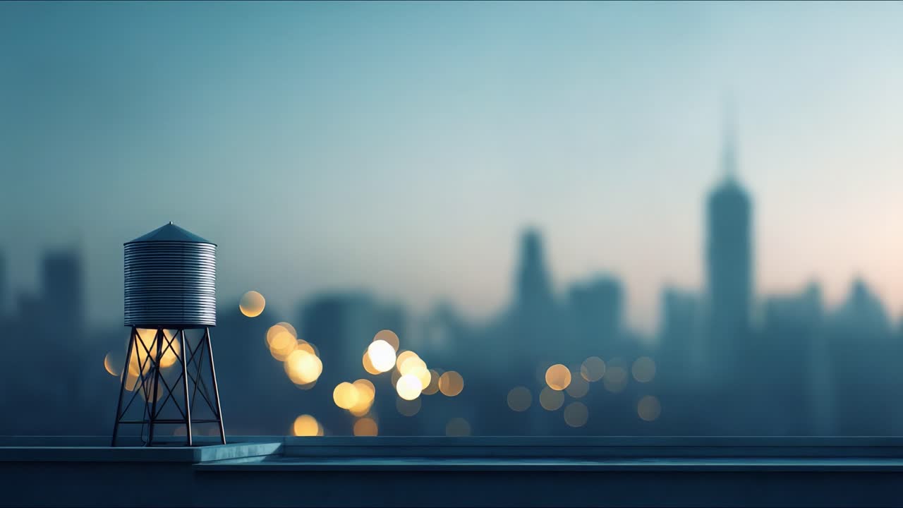 A rooftop water tower stands prominently against a blurred city skyline, showcasing the contrast between day and night as urban lights twinkle in the distance