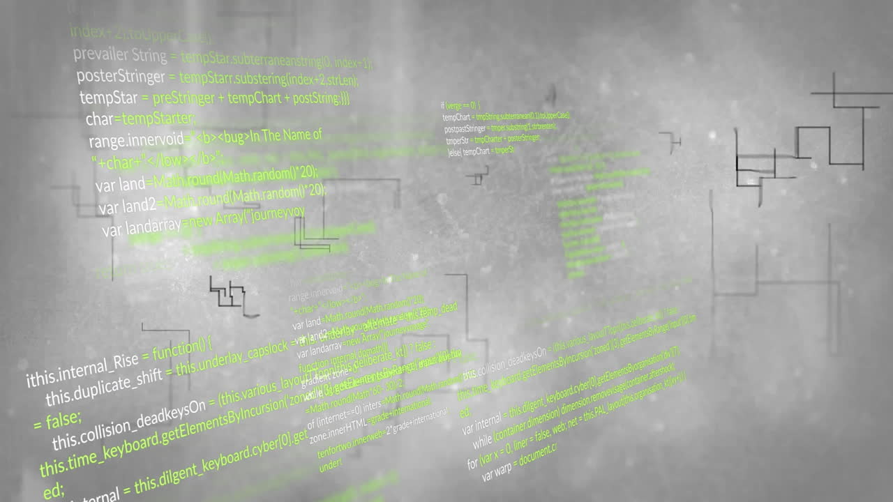Animation of green code snippets floating over digital elements on gray background
