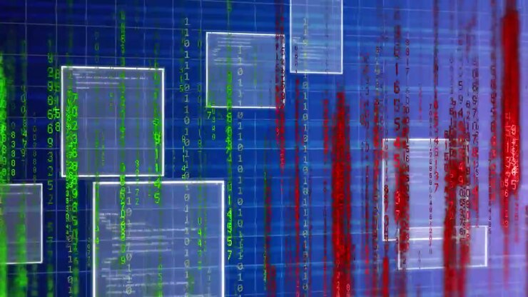Griglia blu pulsante, flussi numerici verdi e rossi che scorrono a cascata e sovrapposizioni che scivolano, visualizzando dati.
