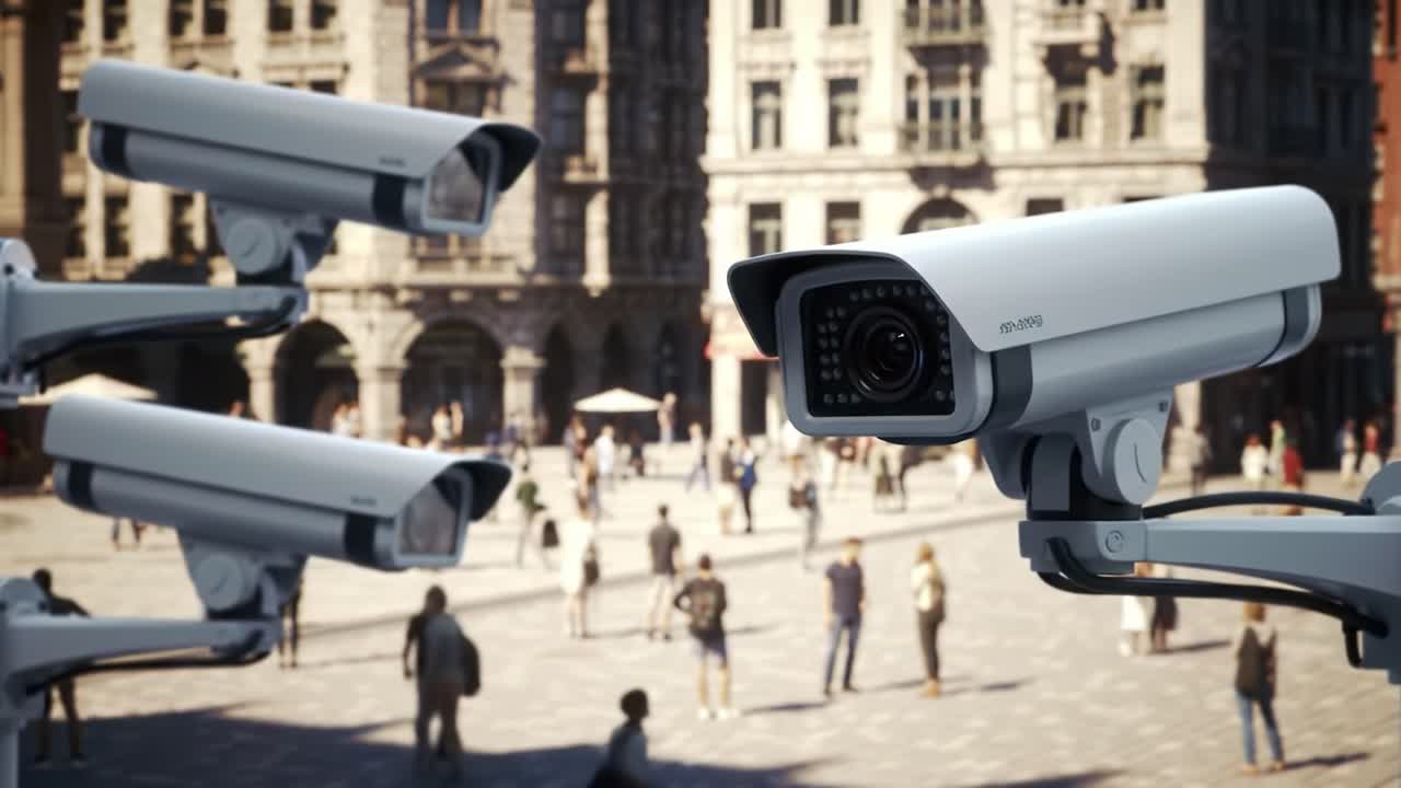 Sorveglianza: Una serie di telecamere di sicurezza che osservano l'attività pubblica in una piazza urbana, catturando movimenti e interazioni in un moderno paesaggio cittadino.