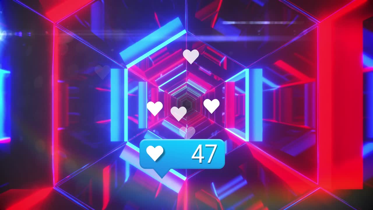 animación de las reacciones de las redes sociales sobre un túnel hecho de luces de neón en movimiento