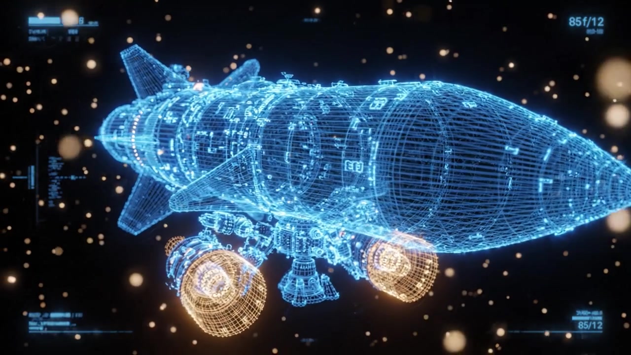A futuristic blue holographic representation of a spacecraft transitioning between two distinct designs in a starry cosmos, showcasing advanced technology and innovation.