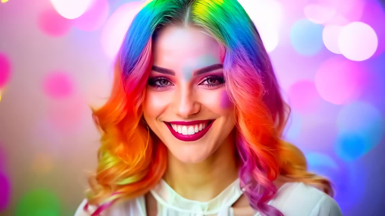 una mujer con cabello de color brillante sonriendo a la cámara