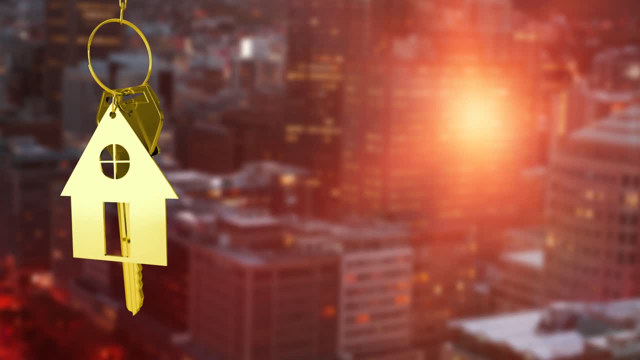 animación de la llave de la casa de oro con la llave fuera de enfoque cityscape.