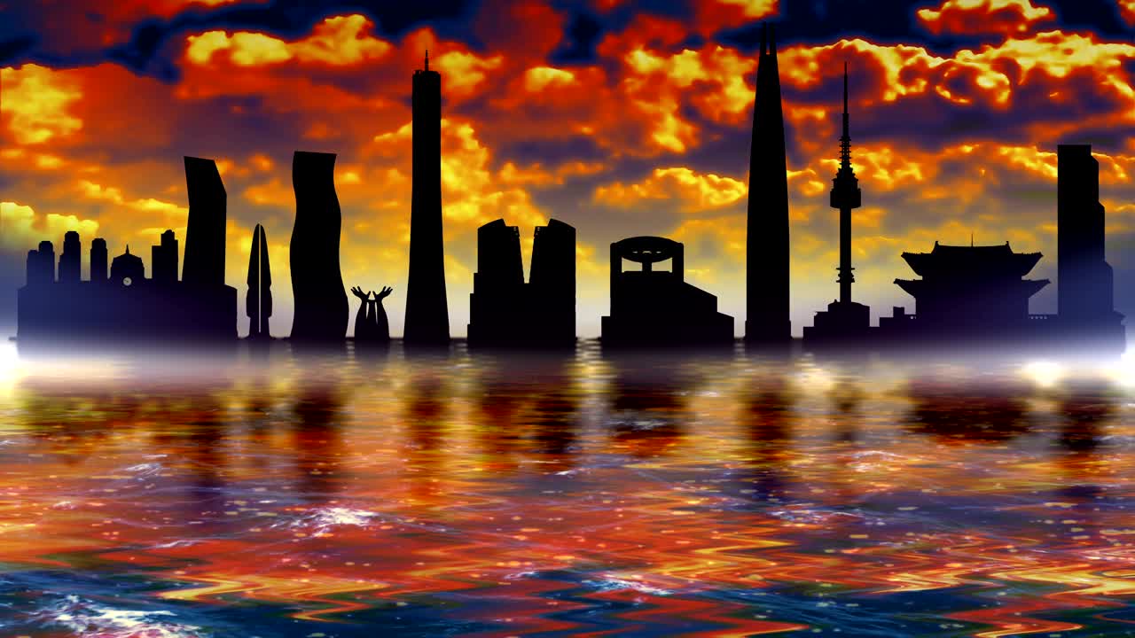 서울 랜드마크 파노라마: 건물의 윤이 물에 반사됩니다.