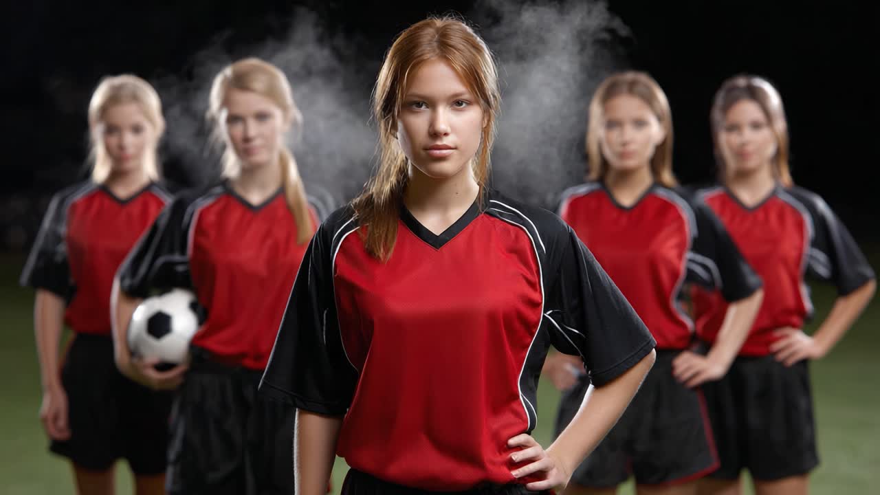 A determined female soccer player stands confidently at the forefront, embodying strength and teamwork, with her teammates poised in the background ready for action